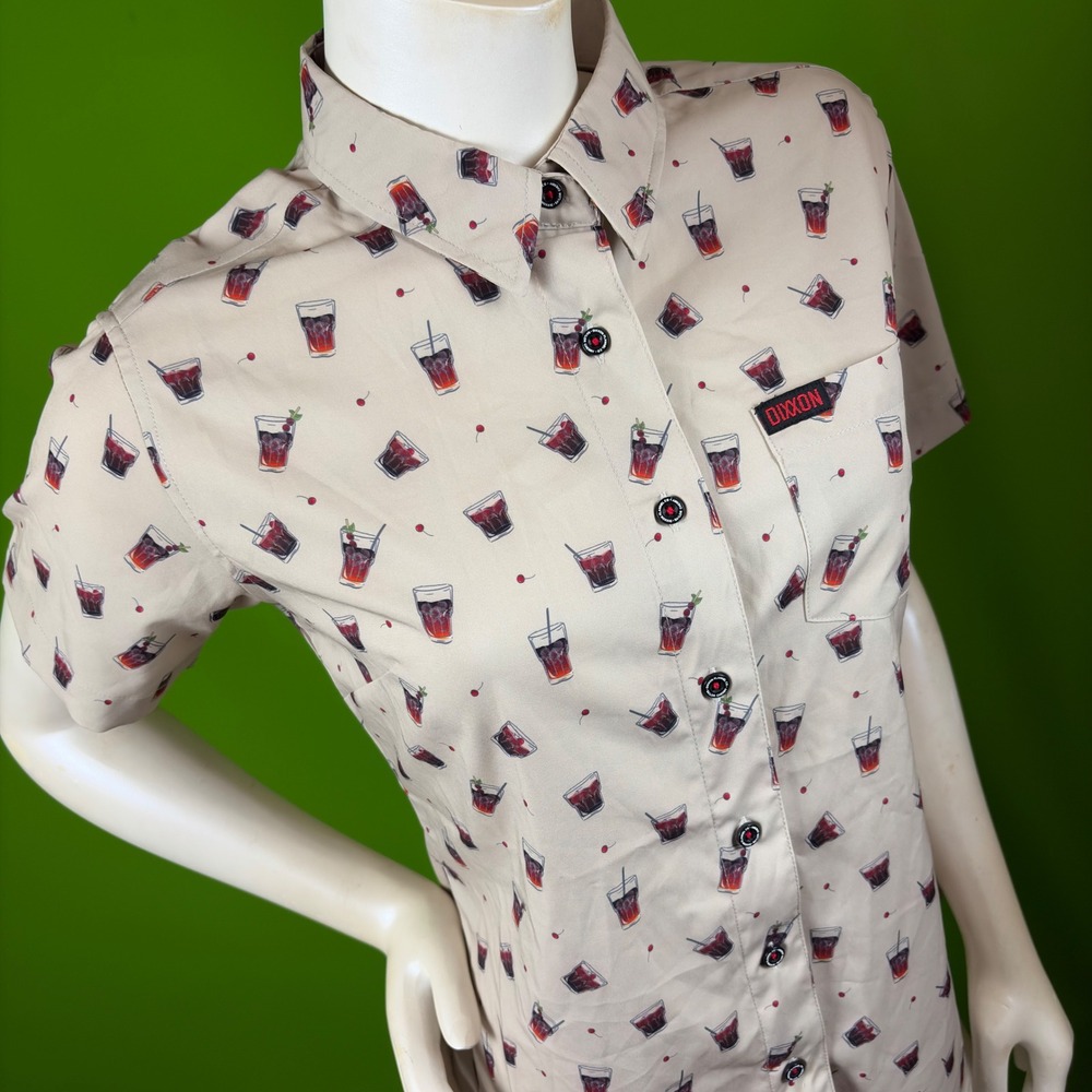 Dixxon Sailor Cherry Short Sleeve Party Shirt Womens M Cocktail Print Stretch